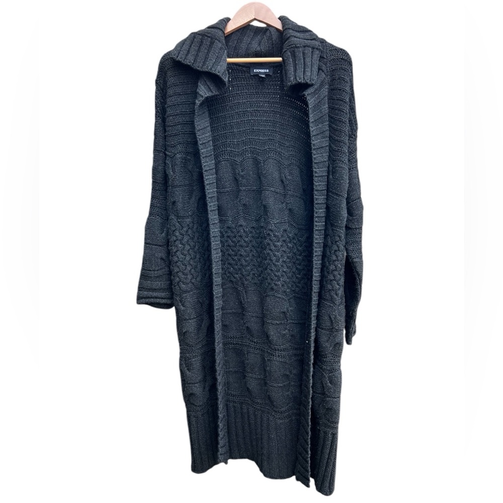Express Long sleeve Cable Knit Chunky Duster Charcoal Size Medium - Picture 2 of 4